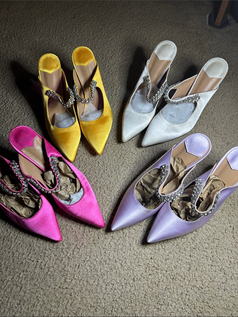 Bundle 4 pairs satin crystal embellished slip on mules never used